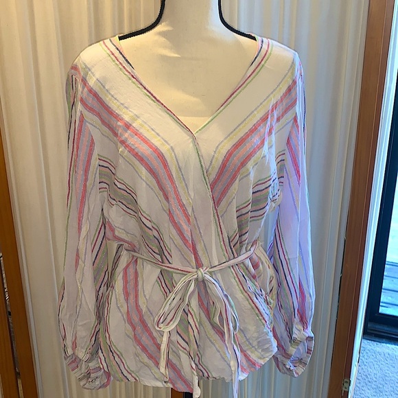 INC International Concepts Tops - INC, Womens Wrap Blouse, White/Pink Multi-Stripe, Size XL